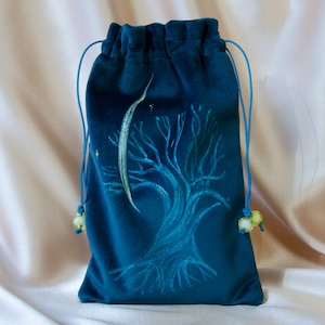 Emerald velvet tarot pouch Hand painted drawstring bag