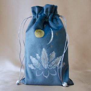 Gray velvet tarot pouch with hand painted and embroidery lotus and moon