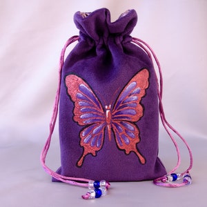 Purple tarot bag with butterfly Velvet tarot pouch hand painted Drawstring bag