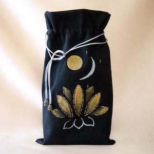 Black tarot pouch with lotuses Hand painted drawstring bag