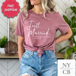 Camiseta Just Married, camiseta de casamento combinando, camisa Mr e Mrs Just Married, roupa de casal combinando, camisa de lua de mel de casal
