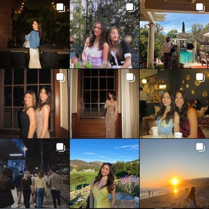 May include: A collage of nine images featuring a group of friends enjoying a night out. The images show the group posing for photos in various locations, including a restaurant, a bar, and a beach. The images are all taken in a warm, inviting atmosphere.