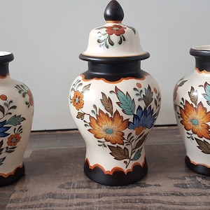 dutch flora gouda pottery cabinet set [2] +1 lid vase - vintage cabinet set