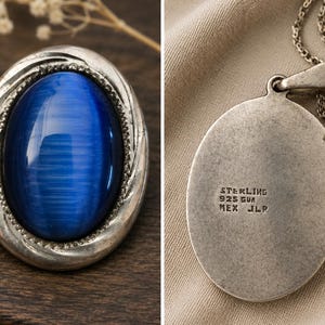 Op de afbeelding: Zilveren ovale hanger met een grote, helderblauwe steen. De steen heeft een kattenoogeffect. De achterkant van de hanger is gestempeld met "STERLING 925 GUA MEX JLP". De hanger hangt aan een zilveren ketting.