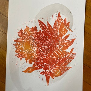 Sunflower and amaranth linocut with amaranth ink