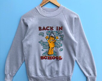 Vintage 70s - 80s Garfield Comic Strip Cartoon Character by Jim Davis Sweatshirt Crewneck Sweater Jumper Pullover Grey Colour