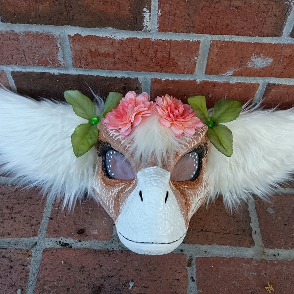 Cute tan and white hand painted raptor dino mask furry with faux fur ears