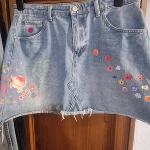 Upcycled Embroidered Denim Skirt Size 14 (UK)