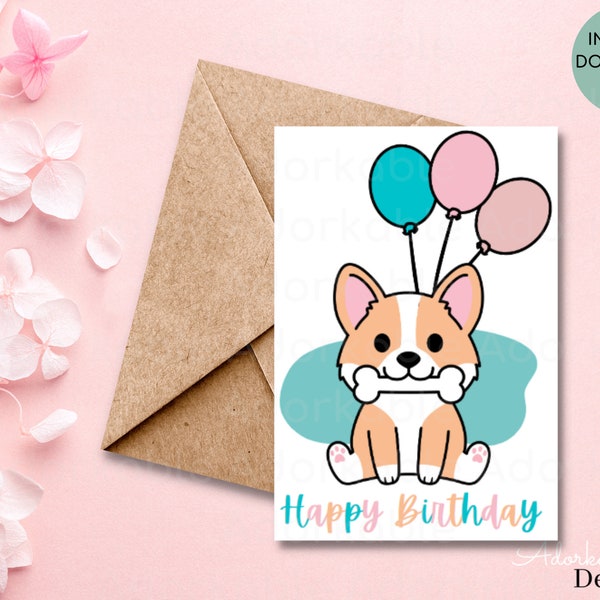 Printable Corgi Birthday Card - Etsy