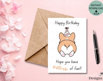 Printable Birthday Cards | Funny Birthday Cards | Instant Files | Digital Downloads | PRINTABLE | Corgi | Corgi Butts