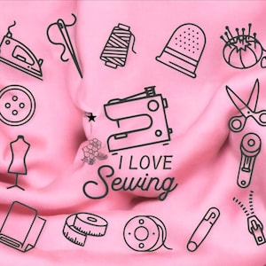 May include: A pink fabric background with black and white illustrations of sewing tools and supplies. The text "I Love Sewing" is in the center of the image.