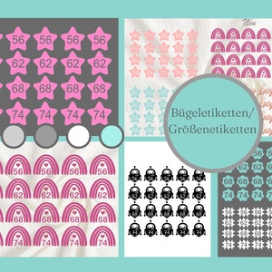 Größenetiketten zum aufbügeln in verschiedenen Formen und Farben.
Sie sind ca. 2 - 2,5cm groß. Formen: Regenbogen, Stern, Roboter, Welle, Klecks aber auch Namen.