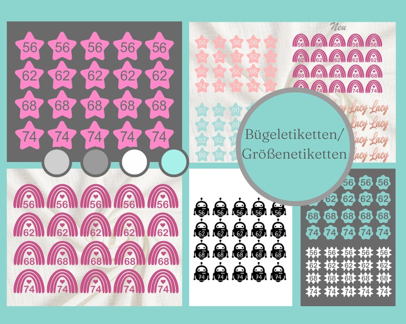 Größenetiketten zum aufbügeln in verschiedenen Formen und Farben.
Sie sind ca. 2 - 2,5cm groß. Formen: Regenbogen, Stern, Roboter, Welle, Klecks aber auch Namen.
