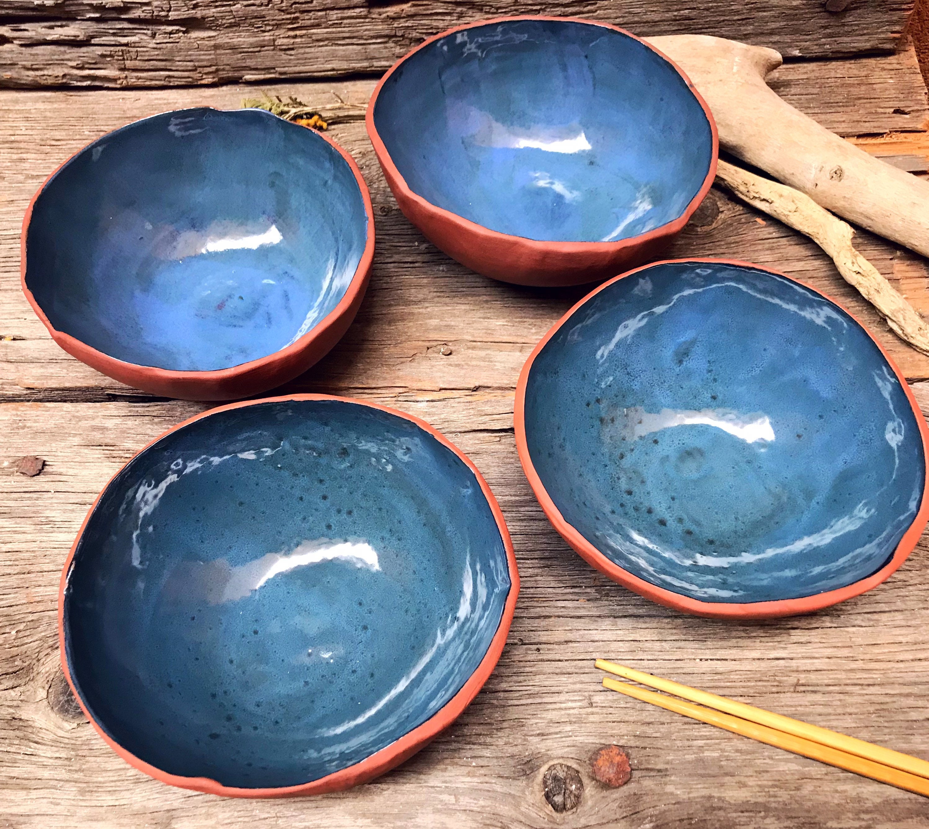 Blue ramen bowl set of 4 ceramic dinner bowls rustic pottery Etsy
