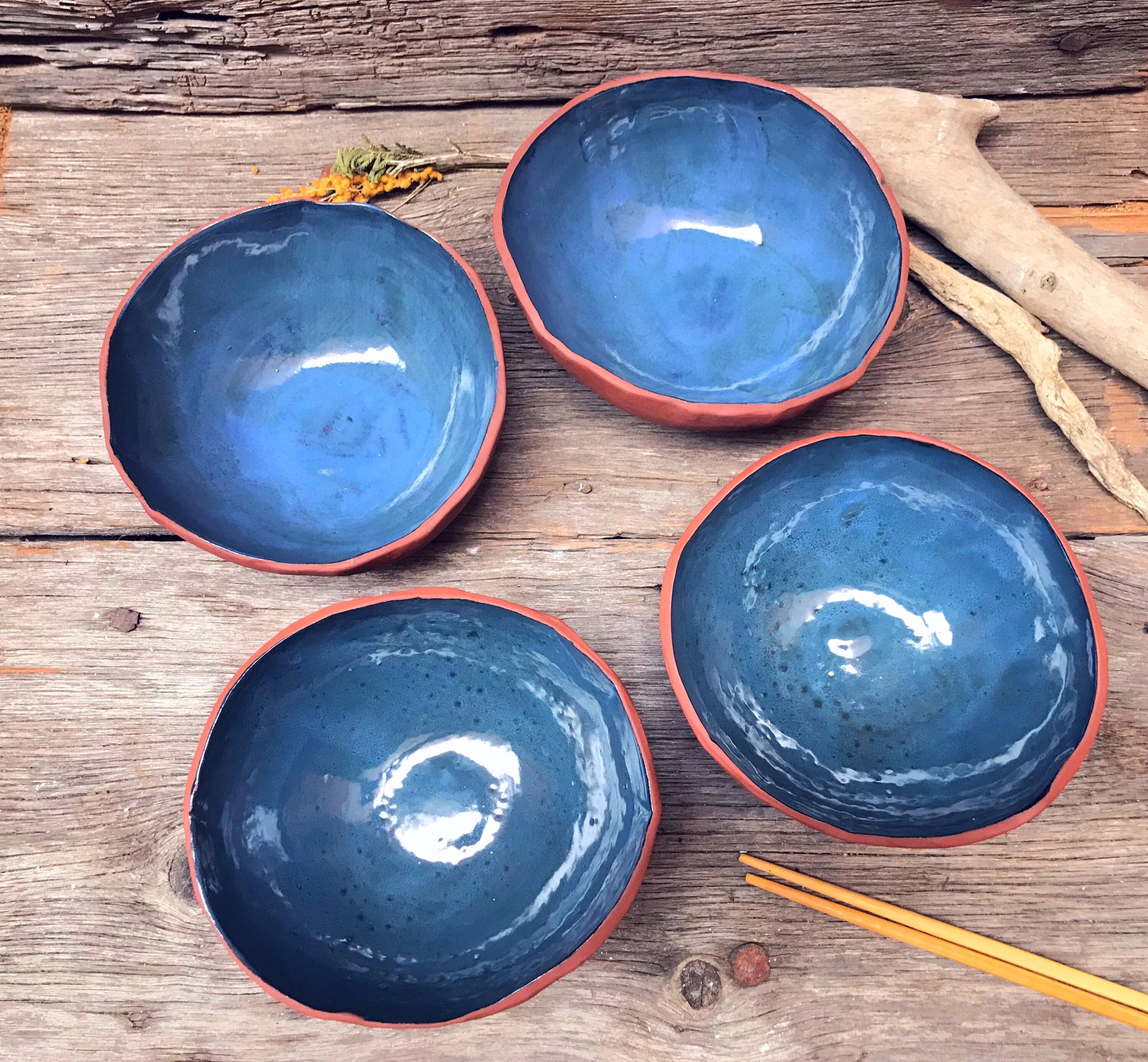 Blue ramen bowl set of 4 ceramic dinner bowls rustic pottery Etsy