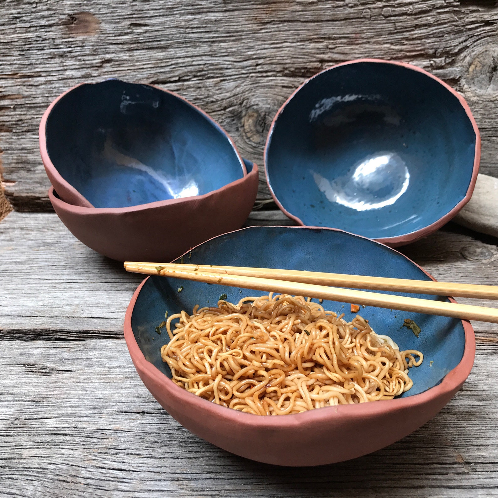 Blue ramen bowl set of 4 ceramic dinner bowls rustic pottery Etsy