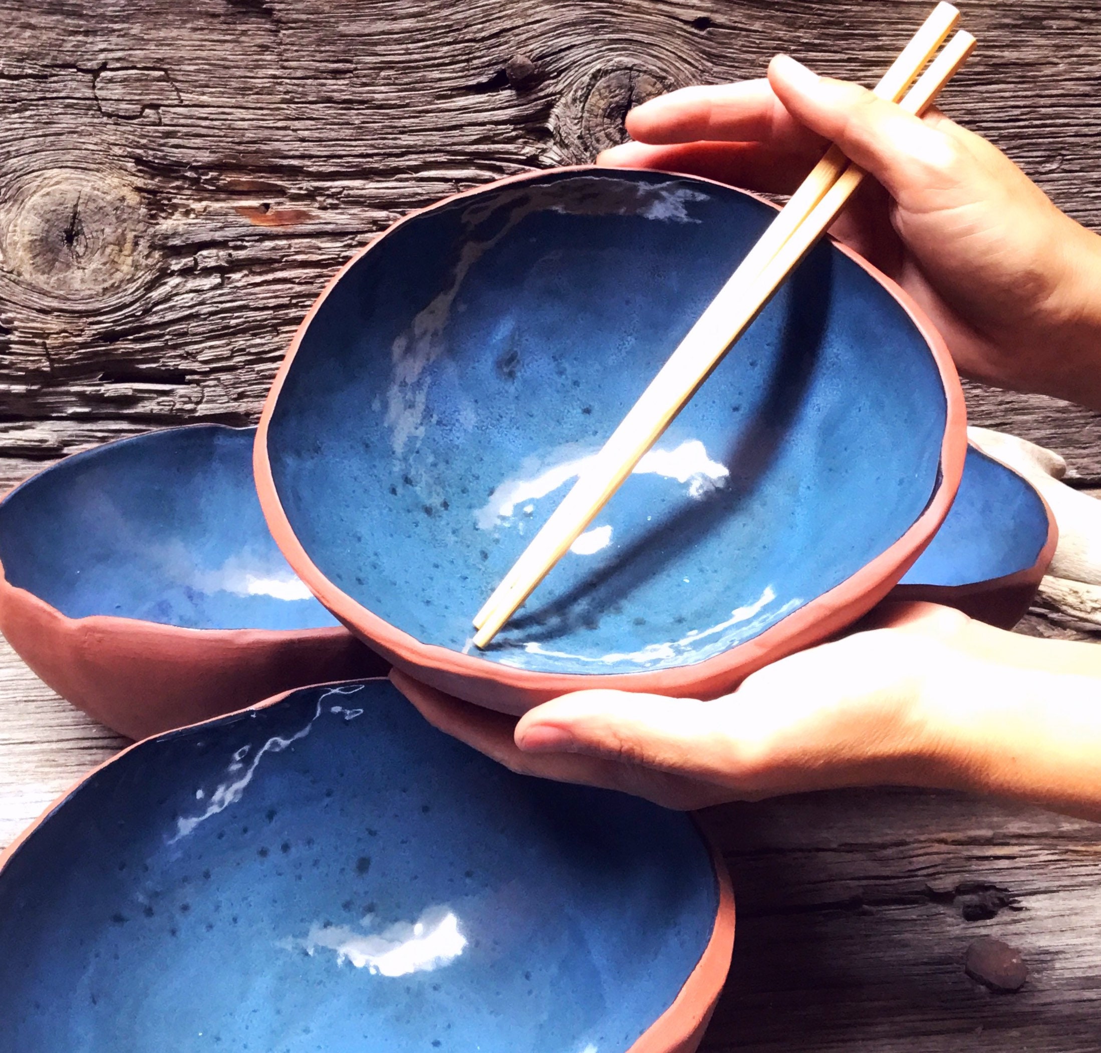 Blue ramen bowl set of 4 ceramic dinner bowls rustic pottery Etsy