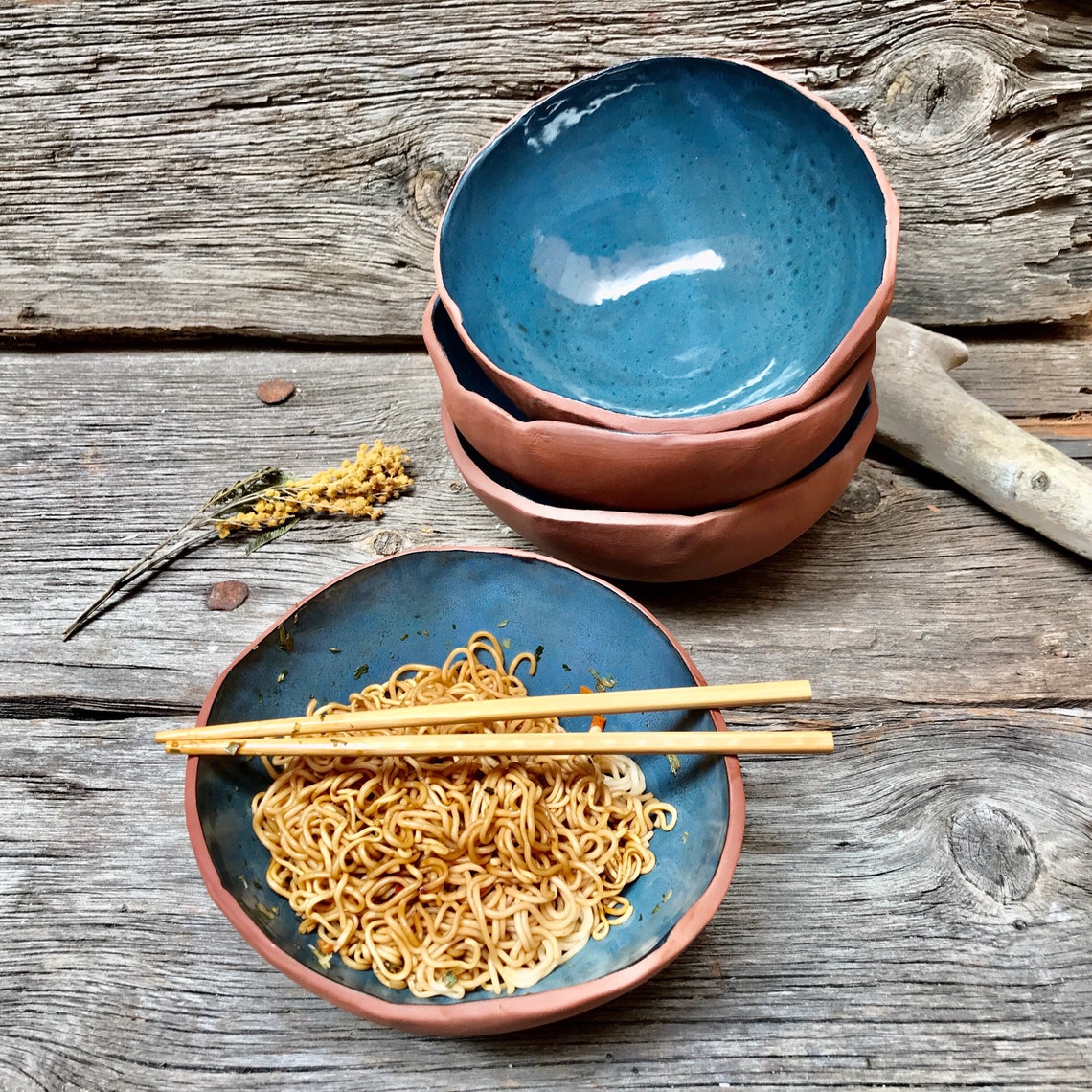 Blue ramen bowl set of 4 ceramic dinner bowls rustic pottery Etsy