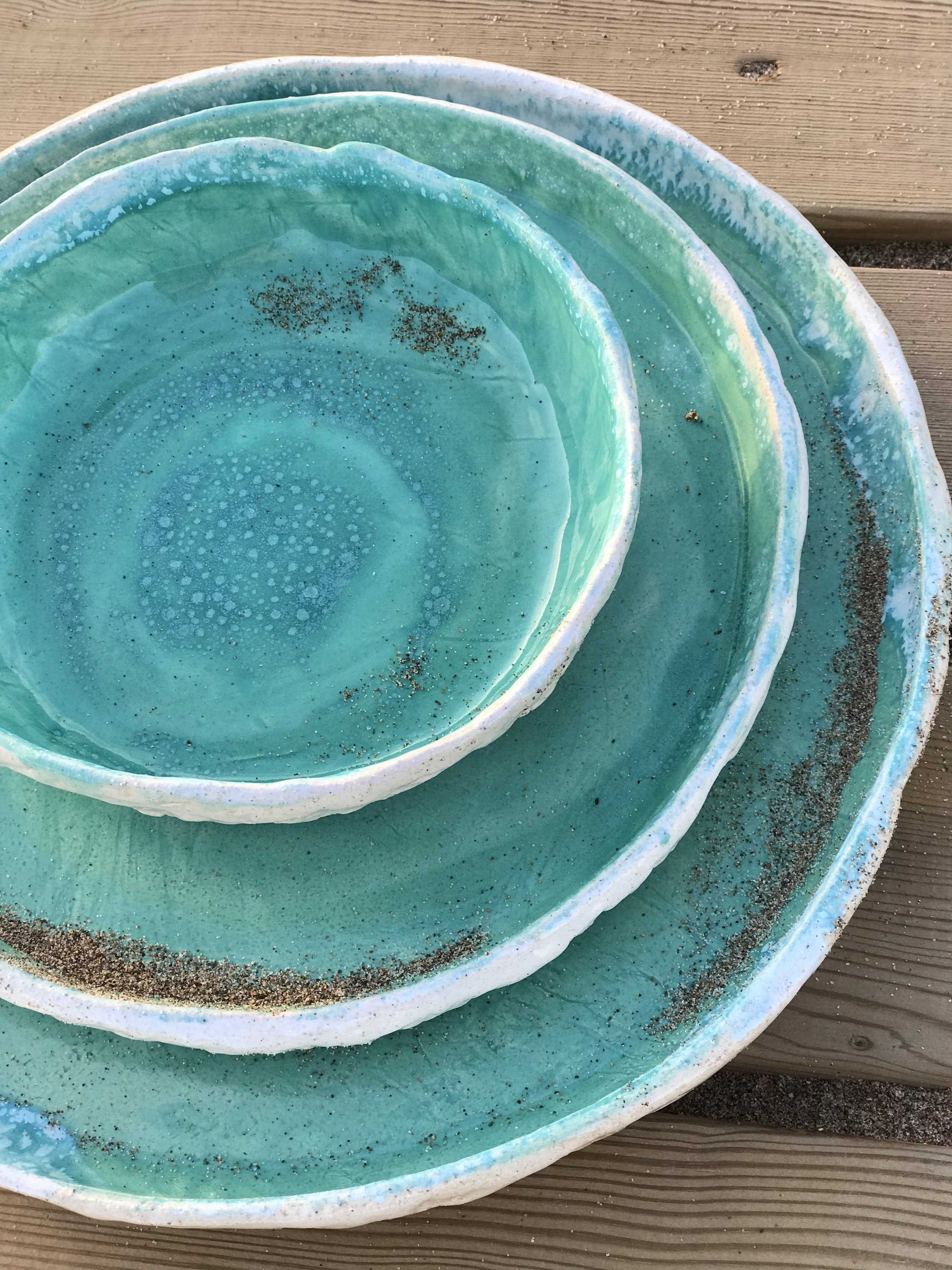 Turquoise pottery plates set of 3 pcs handmade aquamarine Etsy