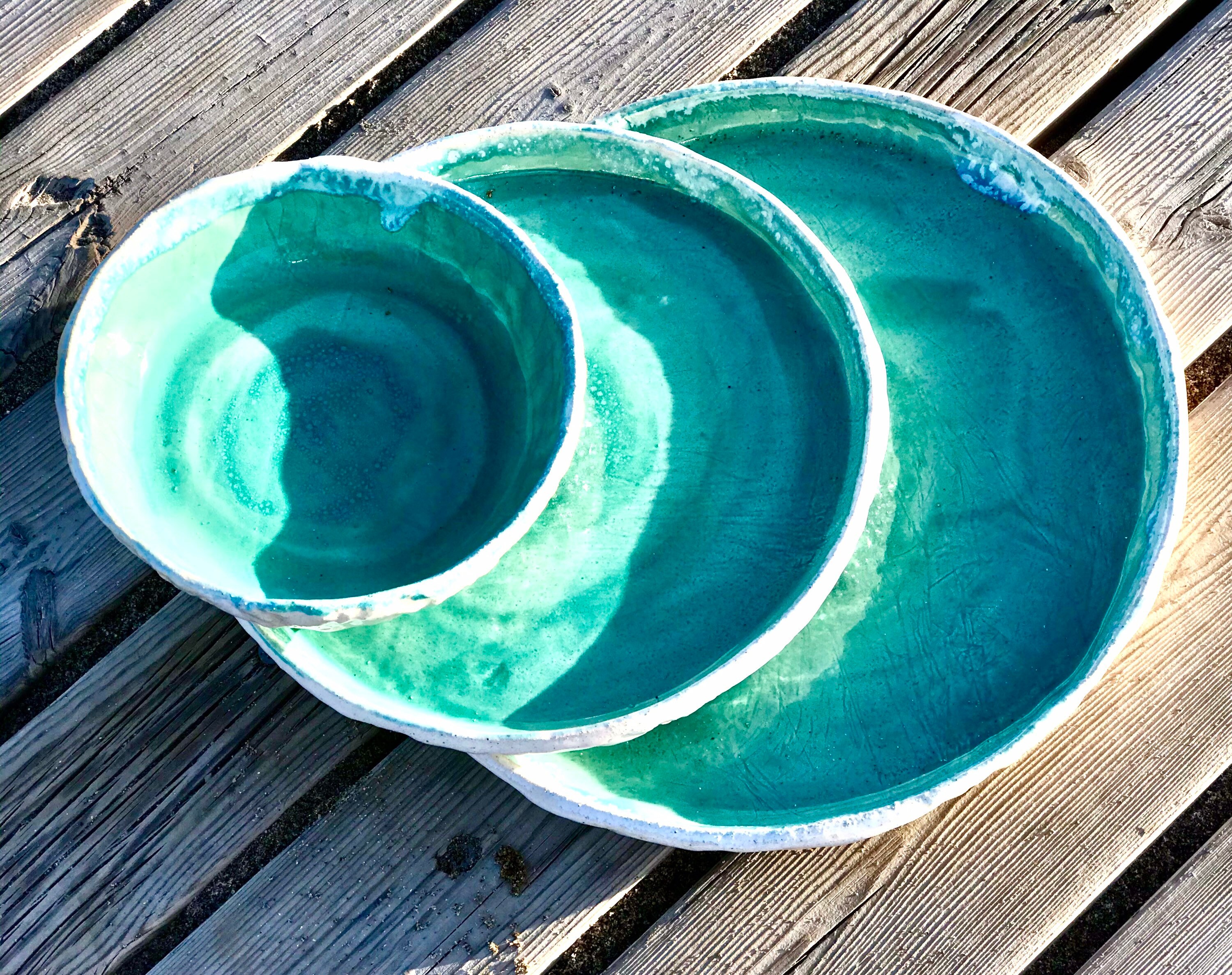 Turquoise pottery plates set of 3 pcs handmade aquamarine Etsy