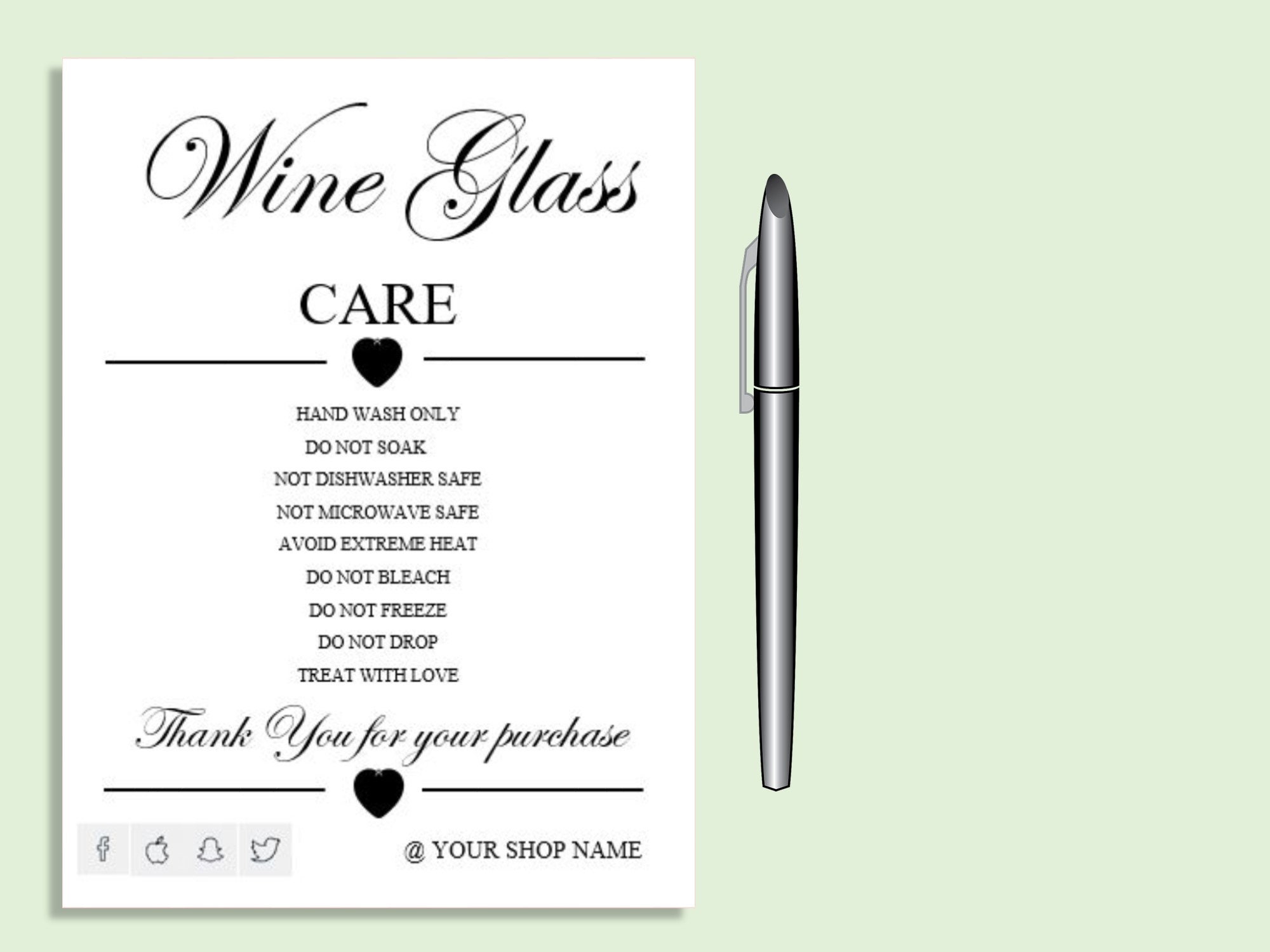Wine Glass Care Card.Wine Glass.Care Card.Editable Etsy