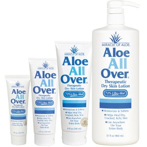 May include: A collection of white bottles and tubes of "Aloe All Over" therapeutic dry skin lotion. The containers vary in size, from 1 fl oz to 32 fl oz, and feature blue text and a green aloe vera leaf logo. The lotion is advertised as 72% Ultra Aloe.