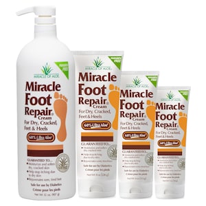 May include: Three bottles of Miracle Foot Repair cream for dry, cracked feet and heels. The bottles are labeled with the product name, ingredients, and guaranteed results. The largest bottle is 32 ounces, the middle bottle is 8 ounces, and the smallest bottle is 4 ounces.