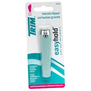 May include: A light blue toenail clipper with a silver metal head, packaged in a white and teal cardboard blister pack. The packaging features the text TRIM, easyhold, and the phrase non-slip grip provides maximum control, with model 16728.