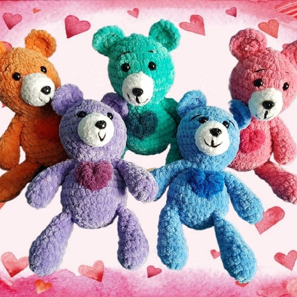 Ours colorés crochetés à la main à câliner | Ours au crochet doux avec des coeurs | Ours en peluche Amigurumi | Peluche crocheté cadeau rose bleu vert