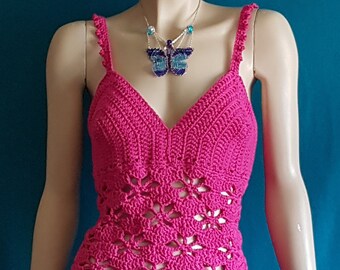 Luftiges Häkel-Top in Pink für Festival, Strand und Party | Sommer-Top mit Blumenmuster | Bustier für Blumenmädchen | Trägertop in Rosa