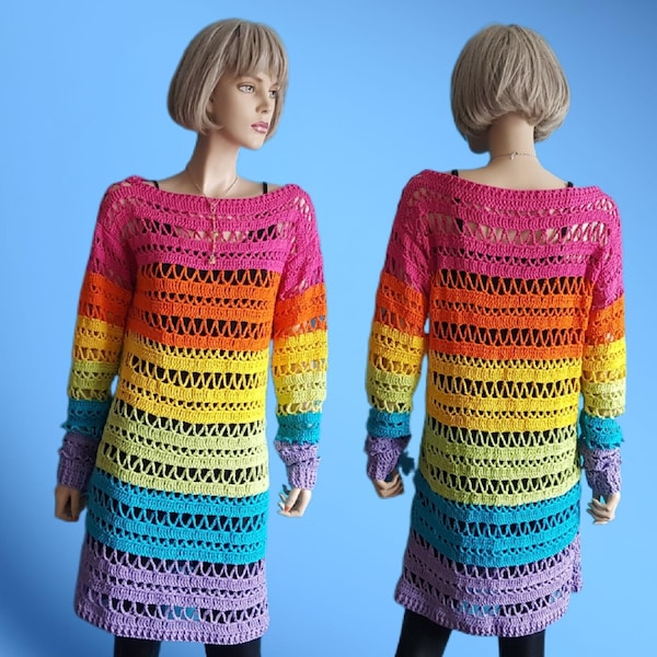 Häkel-Kleid/ Long-Pulli in Regenbogenfarben-Blockstreifen | Gehäkelte Tunika Langarm, Lochmuster | Lässiger Pulli bunte Bonbonfarben Rainbow