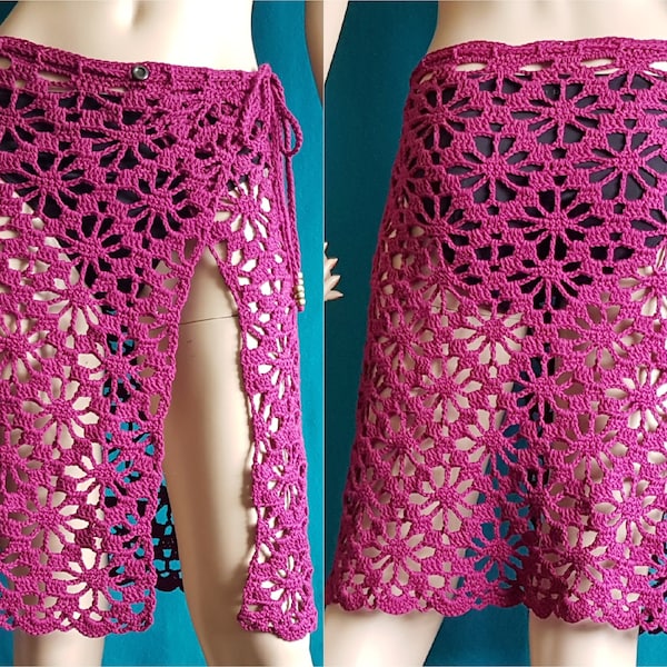 Häkel-Pareo in Violett/ Lila mit Lochmuster | Cover-Up Strand & Meer | Bikini-Überwerfer Knöpfe und Kordel | Gehäkelter Sarong Erika