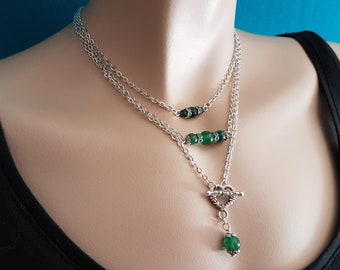 Collier à trois seins avec des perles en véritable jade | Collier noble au look vintage en argent et vert jade | Collier de perles avec pierres précieuses vertes