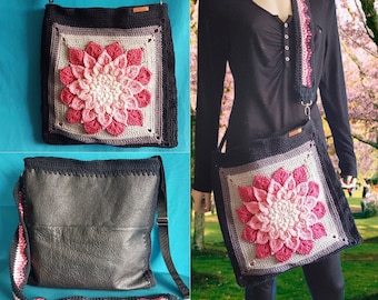 Gehäkelte Tasche Schwarz-Grau-Rosa-Pink mit 3D-Blumen-Motiv | Cross-Body/ Umhänge-Tasche breiter Gurt, Innentasche | Häkel-Handtasche Leder