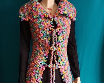 Gilet au crochet aux couleurs néon arc-en-ciel | Cardigan coloré avec fermeture en dentelle | Gilet hippie en dégradé arc-en-ciel | Gilet avec une touche boho