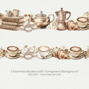 May include: Watercolor illustration of two seamless borders featuring coffee cups, croissants, macarons, a teapot, and books. The borders have a transparent background and are suitable for commercial use.