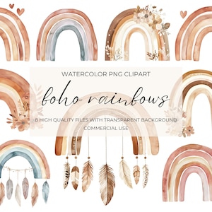 Bundle de cliparts aquarelle bohème arc-en-ciel, png pour chambre d'enfant, scandinave, mignon pastel en sourdine coeur floral plumes arcs-en-ciel, art numérique