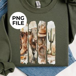 May include: A green sweatshirt with a watercolor design of a cowboy boot, a brown cow, a cowboy hat, and a cactus. The design is in a vertical format with each element in its own column.