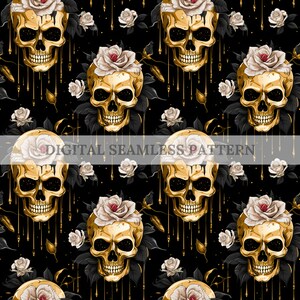 Skull Seamless Pattern, Skull Digital Paper, Dripping Skull and Roses Design, Printable Skull Pattern, Scrapbooking Digital Pattern