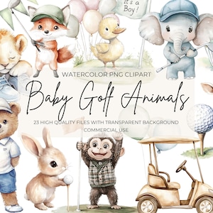 Golf Clipart Tiere, Baby-Dusche-Party-Kunst, Kinderzimmer Kunst, Sofort-Download, niedliche Gedämpfte Aquarell PNG, skurrile digitale Grafiken