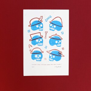 Linocut poster 2 colors on matte paper, Calaveras 2018, How to be elegant when everything fucks the camp?