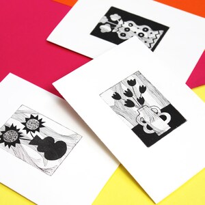 Pack de trois cartes en impression gravure sur cuivre à envoyer ou à accrocher, bouquet de fleurs et vase