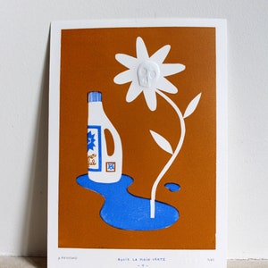 Affiche impression linogravure 2 couleurs et gaufragesur papier mat, fleur et calaveras, Avoir la main verte
