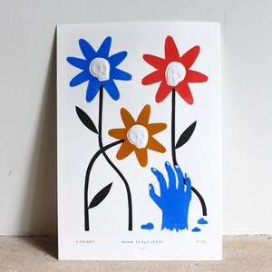 Poster linoleografia e stampa in rilievo, fiori e calaveras, Avere il pollice verde 2