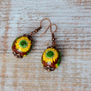 Sunflower earrings Wooden Ukrainian earrings Hand painted, gift for mom, Dangle wood art earrings, stand with Ukraine, hand made in Ukraine