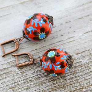 Hand painted Ukrainian pysanky earrings: wooden folk floral jewelry vintage inspired