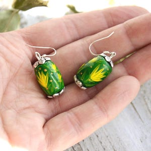 Ukrainian Pysanky hand painted earrings for sensitive ear: Wooden Dangle folk green yellow Earrings made in Ukraine