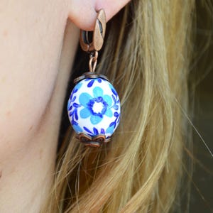 Forget me nots wooden Earrings Hand painted: Ukrainian Floral ball Folk pysanky jewelry