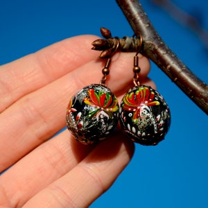 Hand painted Ukrainian folk earrings: floral black and red pysanky petrykivka  jewelry