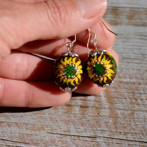 Ukrainian Sunflower earrings with 925 silver hooks for Sensitive ears: Hand painted wooden dangle